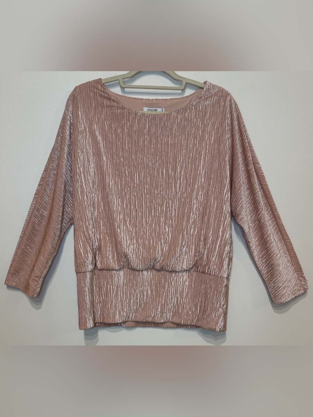 Chico's Women’s Crinkle Velvet Banded-Bottom Rose Shimmer Blouse Top Size L